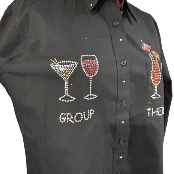 Las Olas black bejeweled novelty blouse Group Therapy cocktail glasses Size M - Picture 2 of 9